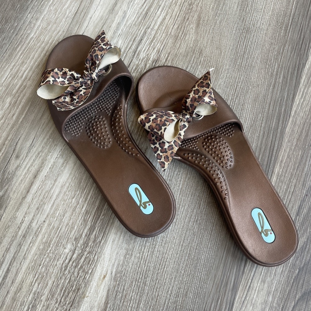 Oka-B Taylor Leopard Print Bow Slide Sandals Copper Brown Womens Size ML 9-10
